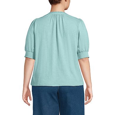 Plus Size Lands' End Button Pintuck Puff Sleeve Top