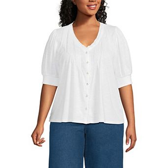 Plus Size Lands' End Button Pintuck Puff Sleeve Top