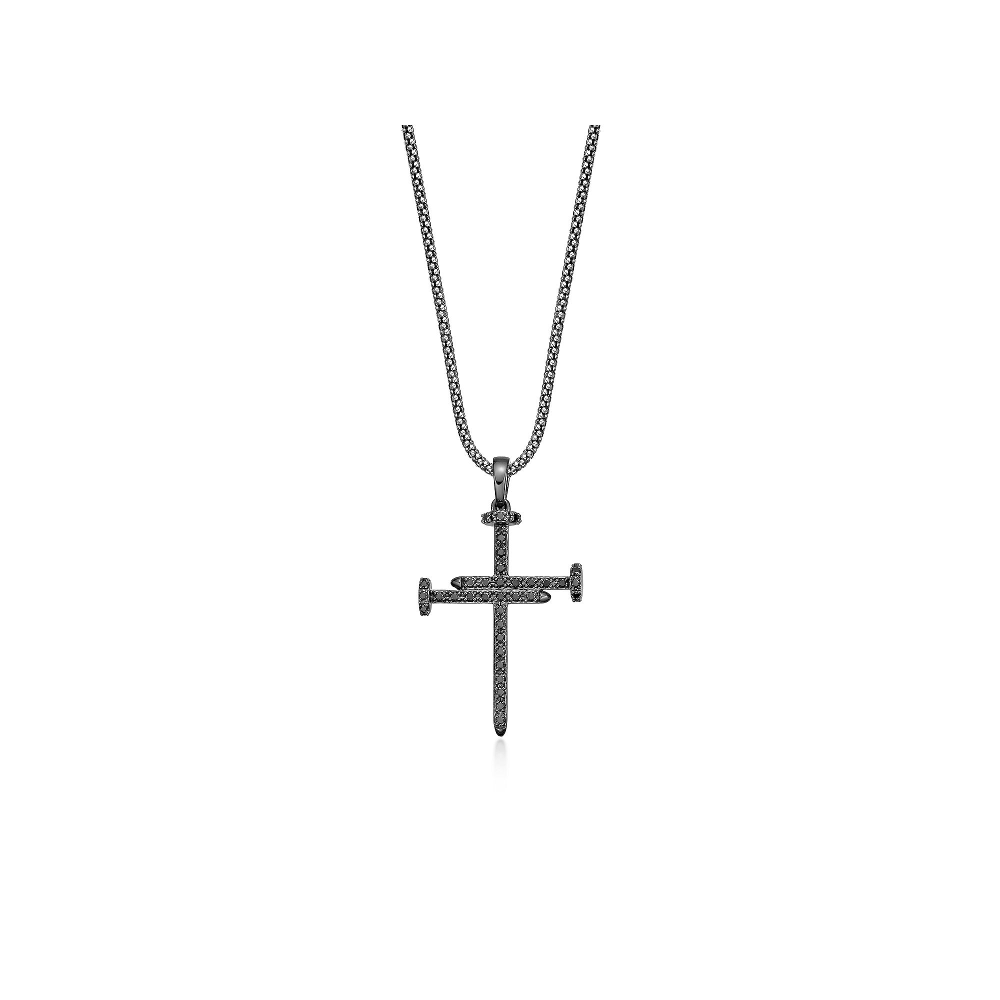 Mens LYNX Sterling Silver 3/4 Carat T.W. Black Diamond Nail Cross Pendant
