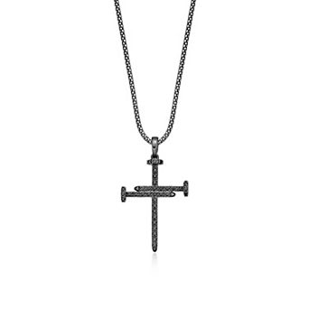 Men's LYNX Sterling Silver 3/4 Carat T.W. Black Diamond Nail Cross Pendant Necklace
