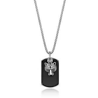 Men's LYNX Sterling Silver Black Agate Dogtag & Tiger Pendant Necklace