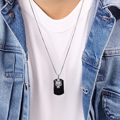 Men's LYNX Sterling Silver Black Agate Dogtag & Tiger Pendant Necklace