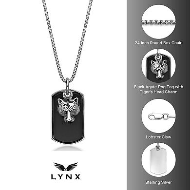 Men's LYNX Sterling Silver Black Agate Dogtag & Tiger Pendant Necklace