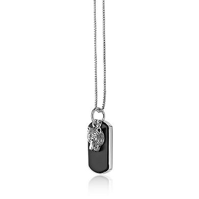 Men's LYNX Sterling Silver Black Agate Dogtag & Tiger Pendant Necklace