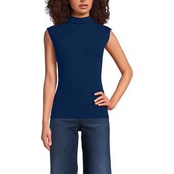 Womens Lands' End Sleeve Drapey Ribbed Fitted Funnel Neck Tank Top