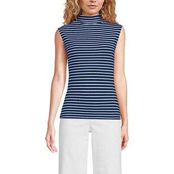 Womens Lands' End Sleeve Drapey Ribbed Fitted Funnel Neck Tank Top