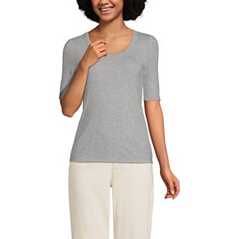 Petite Lands' End Drapey Rib Fitted Elbow Sleeve Scoopneck Tee