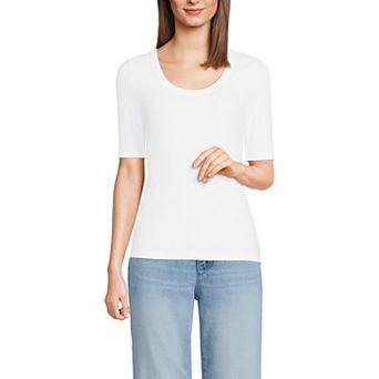 Petite Lands' End Drapey Rib Fitted Elbow Sleeve Scoopneck Tee