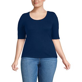 Plus Size Lands' End Drapey Rib Fitted Elbow Sleeve Scoop Neck Tee