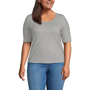 Plus Size Lands' End Drapey Rib Fitted Elbow Sleeve Scoop Neck Tee