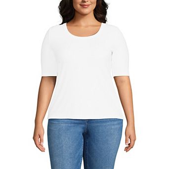 Plus Size Lands' End Drapey Rib Fitted Elbow Sleeve Scoop Neck Tee
