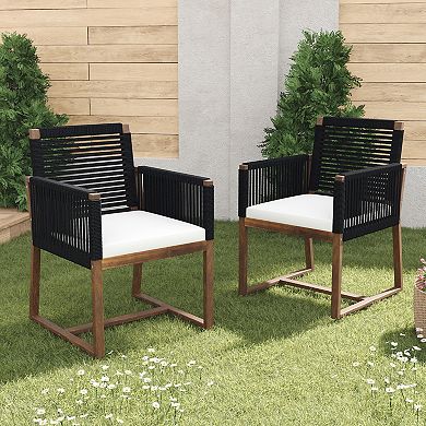 Merax Outdoor Dining Chairs Set of 2, Acacia Wood Patio Armchair with Rope Design