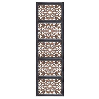 Rectangular Wall Panel With Intricate Floral Carvings, Burnt Black