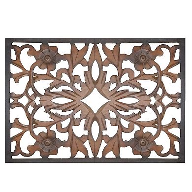Rectangular Wall Panel With Intricate Floral Carvings, Burnt Black