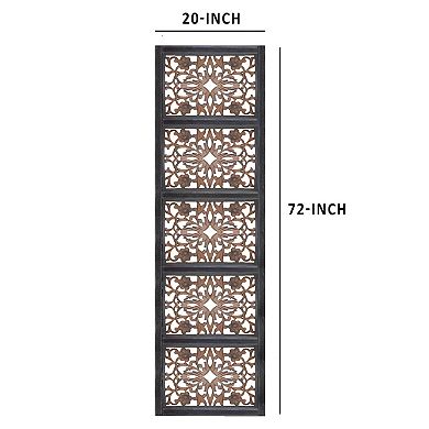 Rectangular Wall Panel With Intricate Floral Carvings, Burnt Black