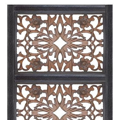 Rectangular Wall Panel With Intricate Floral Carvings, Burnt Black