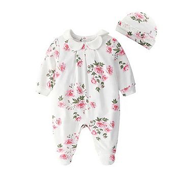 Baby Girls White Floral Footie with Hat