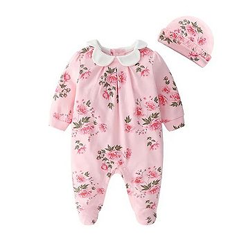Baby Girls Pink Floral Footie with Hat