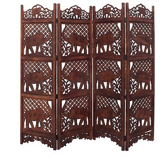 Zofi Hand Carved Elephant Design Foldable 4 Panel Wooden Room Divider, Brown