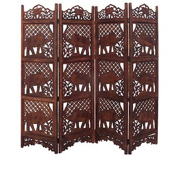 Zofi Hand Carved Elephant Design Foldable 4 Panel Wooden Room Divider, Brown