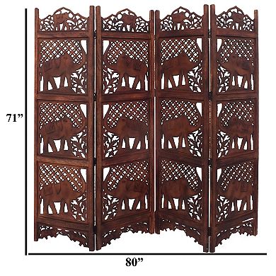 Zofi Hand Carved Elephant Design Foldable 4 Panel Wooden Room Divider, Brown