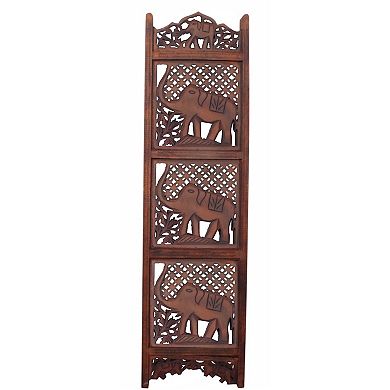 Zofi Hand Carved Elephant Design Foldable 4 Panel Wooden Room Divider, Brown