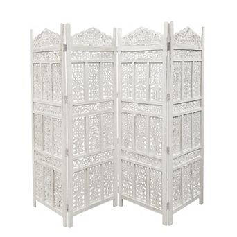 Aesthetically Carved 4 Panel Wooden Partition Screen/room Divider, Distressed White