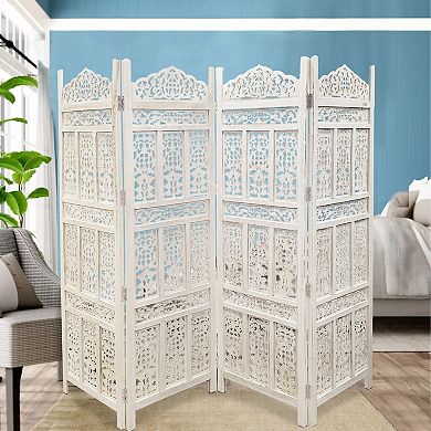 Aesthetically Carved 4 Panel Wooden Partition Screen/room Divider, Distressed White
