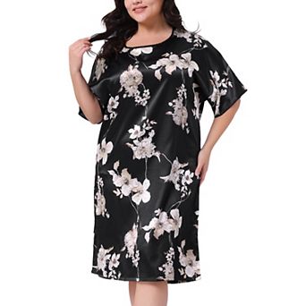 Plus Size Nightgown for Women Satin Floral Print Short Sleeve Round Neck Midi Sleepwear