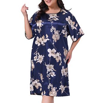 Plus Size Nightgown for Women Satin Floral Print Short Sleeve Round Neck Midi Sleepwear