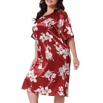 Plus Size Nightgown for Women Satin Floral Print Short Sleeve Round Neck Midi Sleepwear