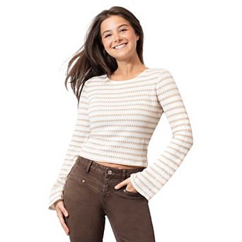 Juniors' madden girl Long Sleeve Bell Sleeve Crew Neck Crop Top