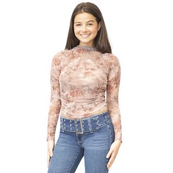 Juniors' Madden Girl Floral Long Sleeve Side Ruched Funnel Neck Top