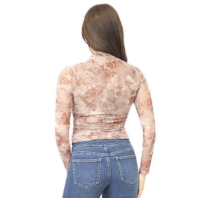 Juniors' Madden Girl Floral Long Sleeve Side Ruched Funnel Neck Top