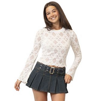 Juniors' Madden Girl Long Bell Sleeve Crewneck Crochet Top