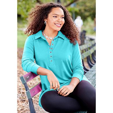 Catherines Women's Plus Size Cloud Knit French Terry Collared Tunic