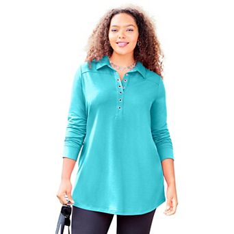 Catherines Women's Plus Size Cloud Knit French Terry Collared Tunic