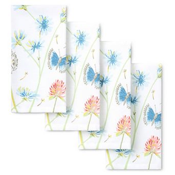 Fiesta Breezy Floral White, Blue & Pink Machine Washable Cloth Napkin 4-Pack