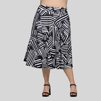 Plus Size 24Seven Comfort Apparel Geometric Print Midi Skirt