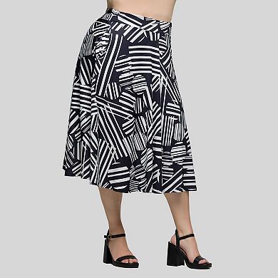 Plus Size 24Seven Comfort Apparel Geometric Print Midi Skirt