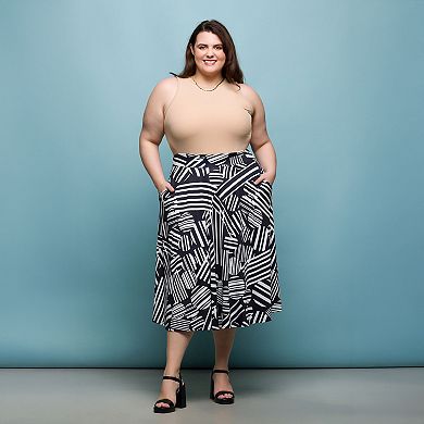 Plus Size 24Seven Comfort Apparel Geometric Print Midi Skirt