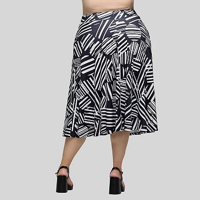 Plus Size 24Seven Comfort Apparel Geometric Print Midi Skirt