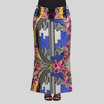 Plus Size 24Seven Comfort Apparel Floral Print Foldover Waist Maxi Skirt