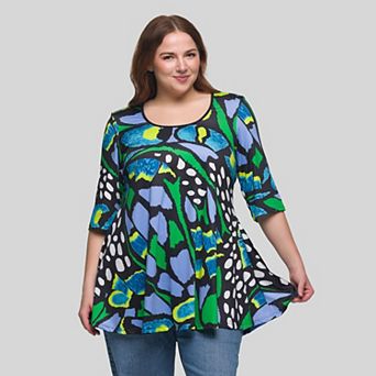 Plus Size 24Seven Comfort Apparel Butterfly Print Elbow Sleeve Tunic Top