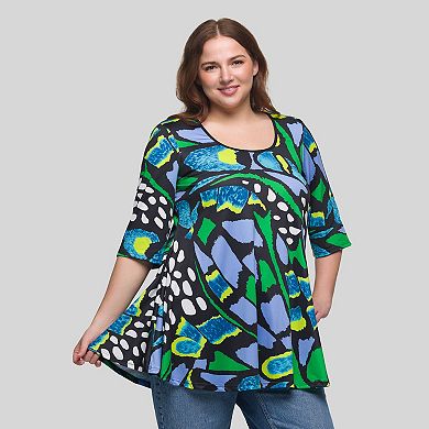 Plus Size 24Seven Comfort Apparel Butterfly Print Elbow Sleeve Tunic Top