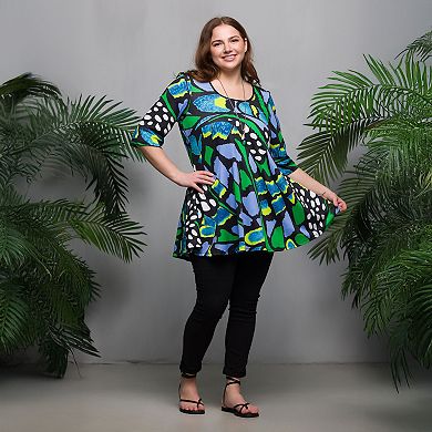 Plus Size 24Seven Comfort Apparel Butterfly Print Elbow Sleeve Tunic Top