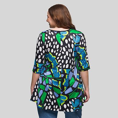 Plus Size 24Seven Comfort Apparel Butterfly Print Elbow Sleeve Tunic Top