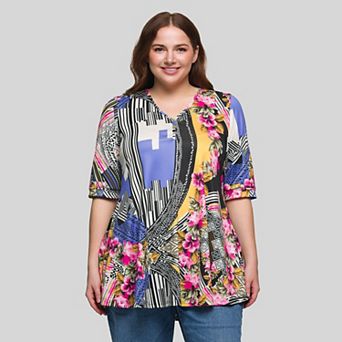 Plus Size 24Seven Comfort Apparel Floral Print Elbow Sleeve V-Neck Henley Shirt