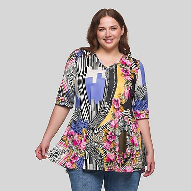 Plus Size 24Seven Comfort Apparel Floral Print Elbow Sleeve V-Neck Henley Shirt