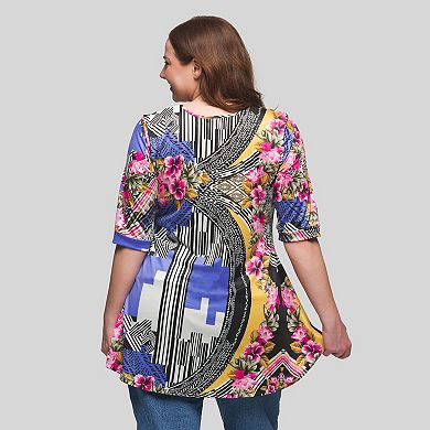 Plus Size 24Seven Comfort Apparel Floral Print Elbow Sleeve V-Neck Henley Shirt